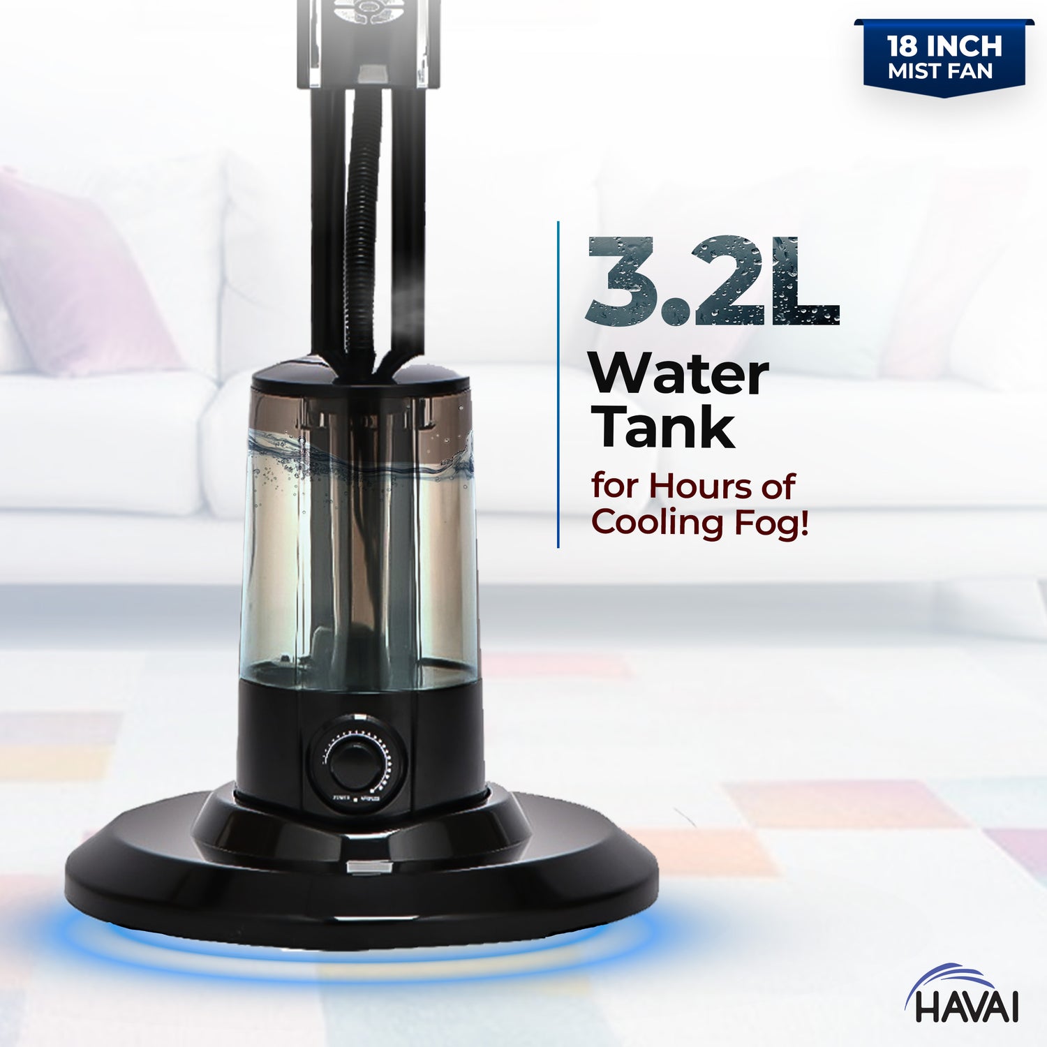 HAVAI RED 18&quot; BLDC Mist Pedestal Fan – High-Speed, Remote &amp; Touch Control, 3.2L Tank, 80W Power, 350 Sq Ft Coverage, Easy Install, Black (Copy)