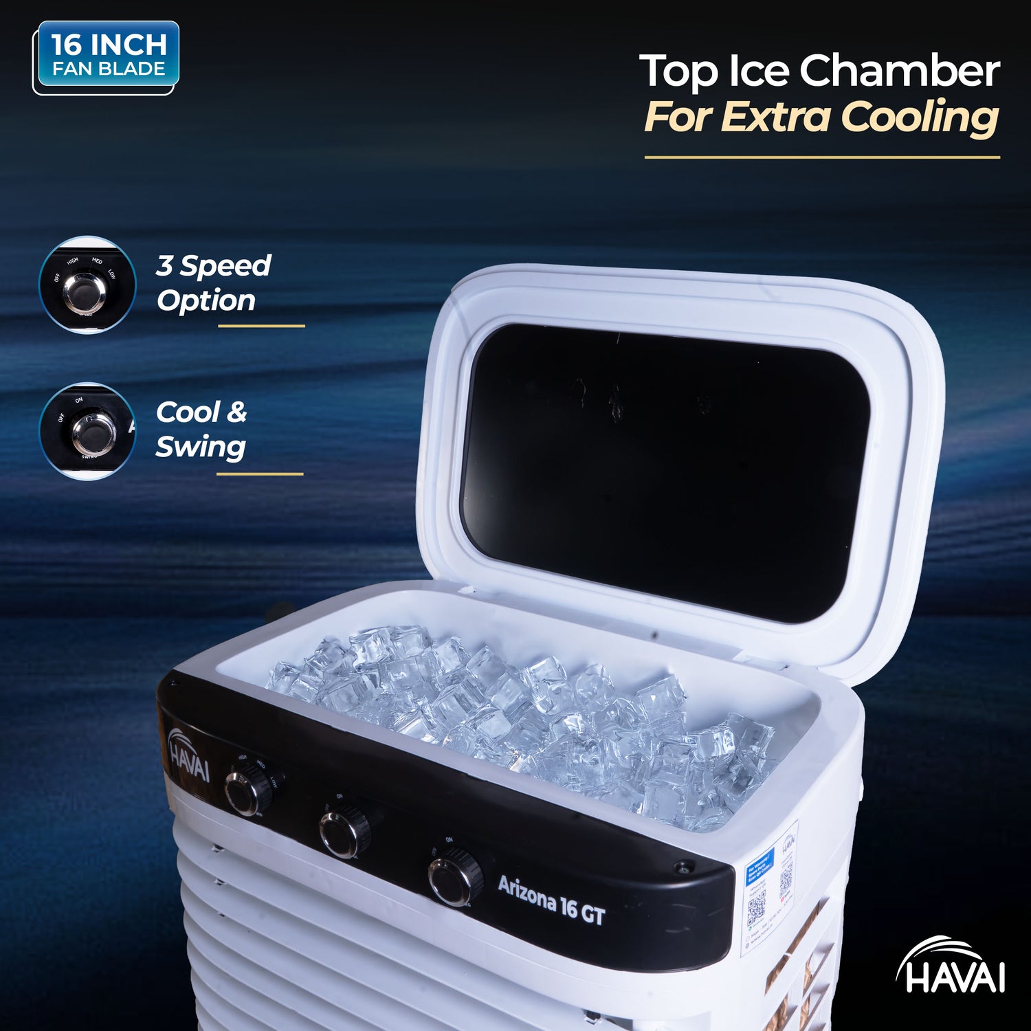 HAVAI Arizona 16 GT Desert Air Cooler | 80L Tank | 16” Aerodynamic Fan | 3-Side Thick Honeycomb | Glass Top with Ice Chamber | Smart Dust-Filter Inlet | 5 Castors | 3300 m³/hr | 1 Year On-Site Warranty
