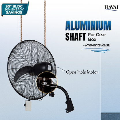 BLDC Wall Mount Fan 30 Inch, 50% Savings On Electricity, High Velocity, Heavy Duty Metal For Industrial, Commercial And Residential Use, Assembly Included , Black
