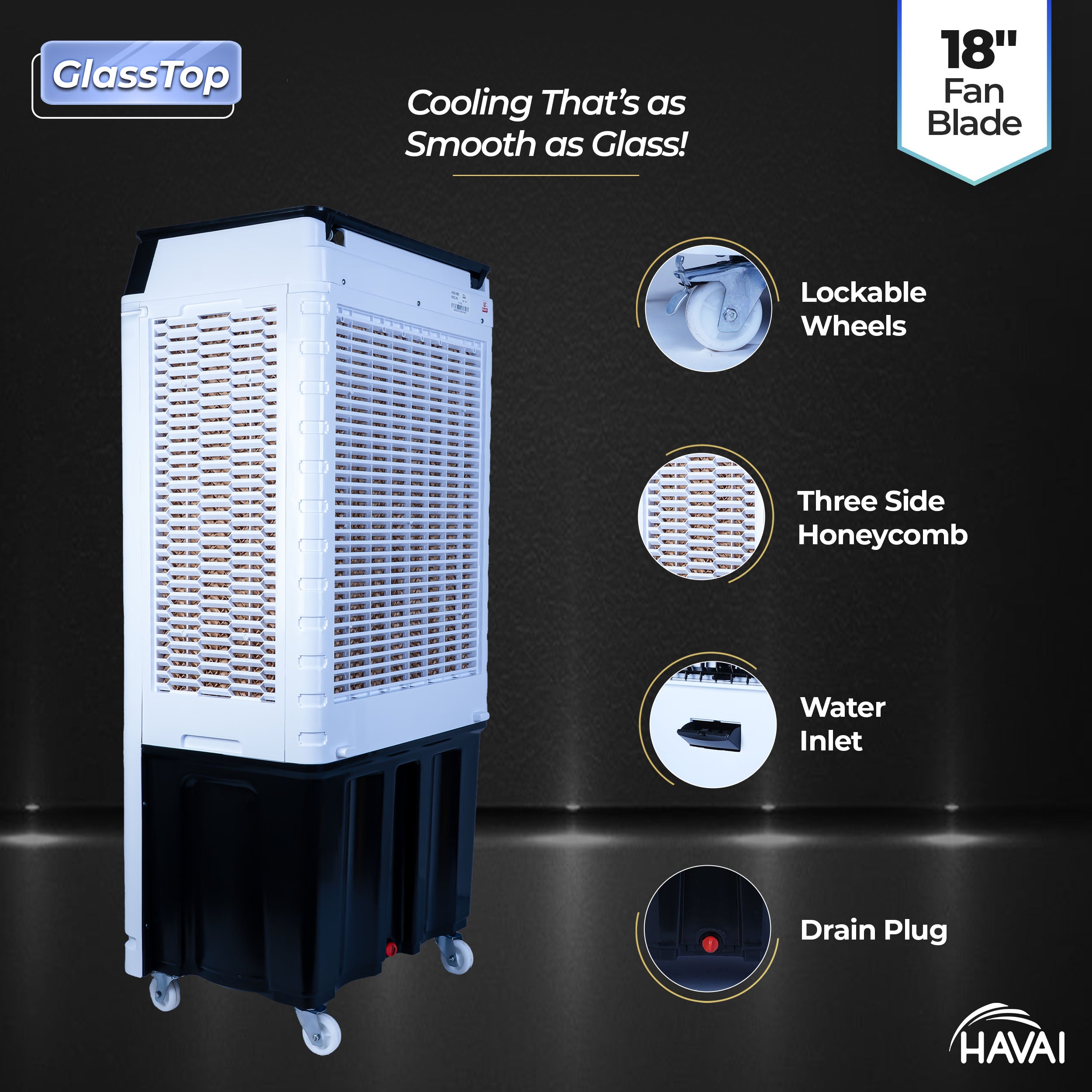 HAVAI Premium Glass Top GT 18 Air Cooler | 90L Tank Capacity | 18&quot; Fan Blade | 250W Power | 75ft Air Throw | 3-Side Honeycomb Cooling | Sleek Glass Top Design | 4 Castor Wheels