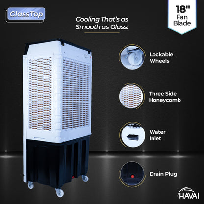 HAVAI Premium Glass Top GT 18 Air Cooler | 90L Tank Capacity | 18&quot; Fan Blade | 250W Power | 75ft Air Throw | 3-Side Honeycomb Cooling | Sleek Glass Top Design | 4 Castor Wheels
