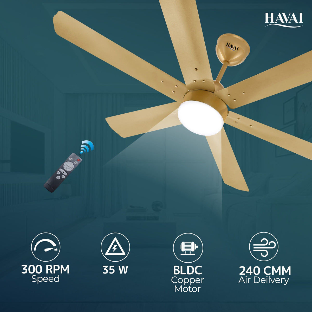 HAVAI Spinel BLDC Ceiling Fan 35W, 1200mm Blade with Remote - Champagne Yellow, 9W LED Light