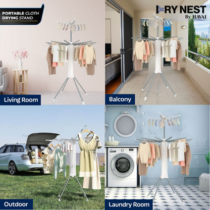 HAVAI Octopus Essential Foldable Rotating Clothes Drying Stand | 360° Multi-Layer Laundry Drying Rack with Lockable Wheels | Heavy Duty Stainless Steel Clothes Hanger | Space Saving Cloth Dryer
