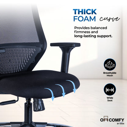 HAVAI Off-Comfy Luna Black Ergonomic Office Chair | Yuva Mesh Back | 2D Arms with TPU Pad | Synchro Tilt with Lock | Class 4 Samhongsa Gaslift | Claw Chrome Base | 60mm Castors(Black)