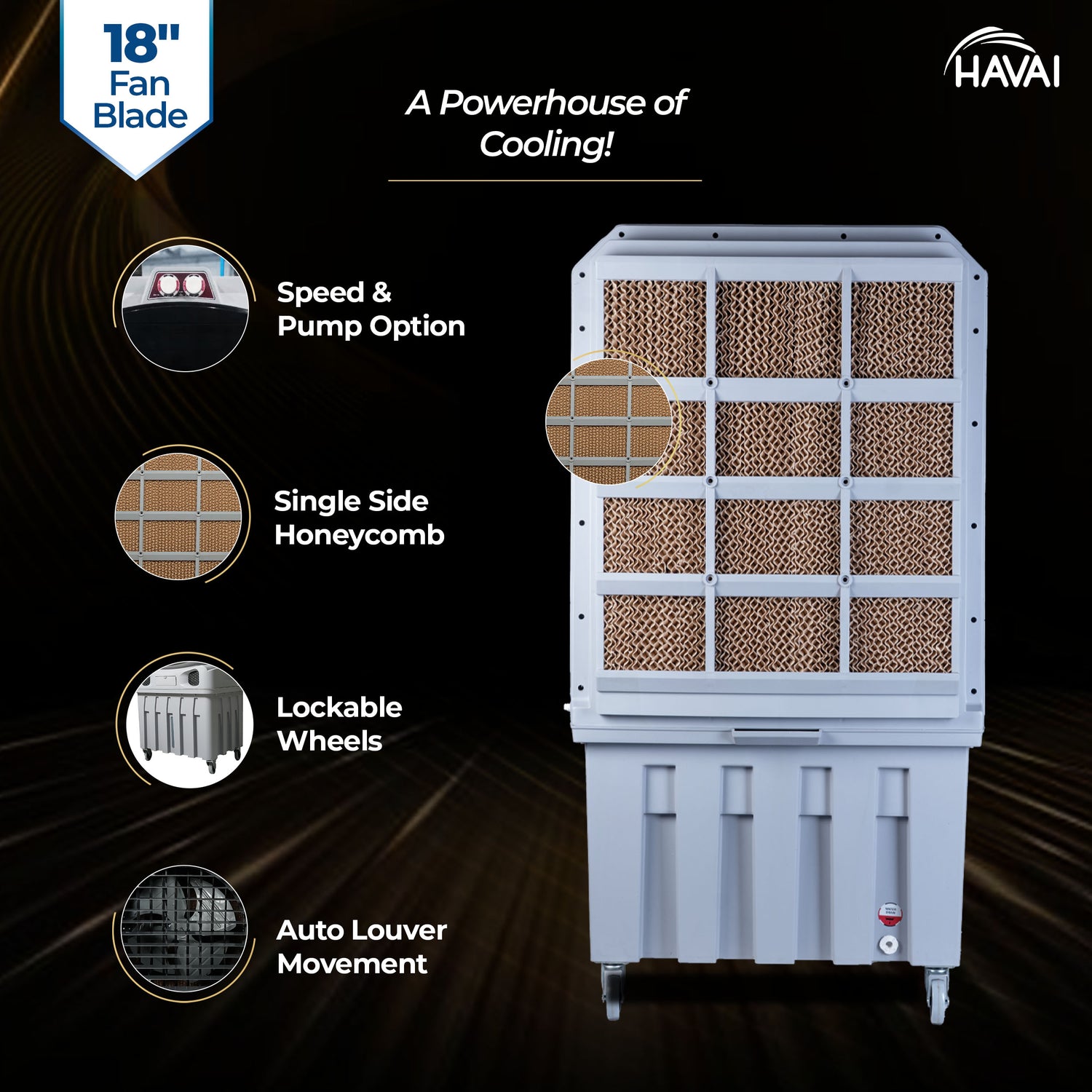 Havai Mighty 18&quot; Air Cooler | 18 Inch Blade | 110L Tank Capacity | 210W Power | 600 Sqft Coverage | Auto Swing | Back Honeycomb | Clockwise | Lockable Wheels