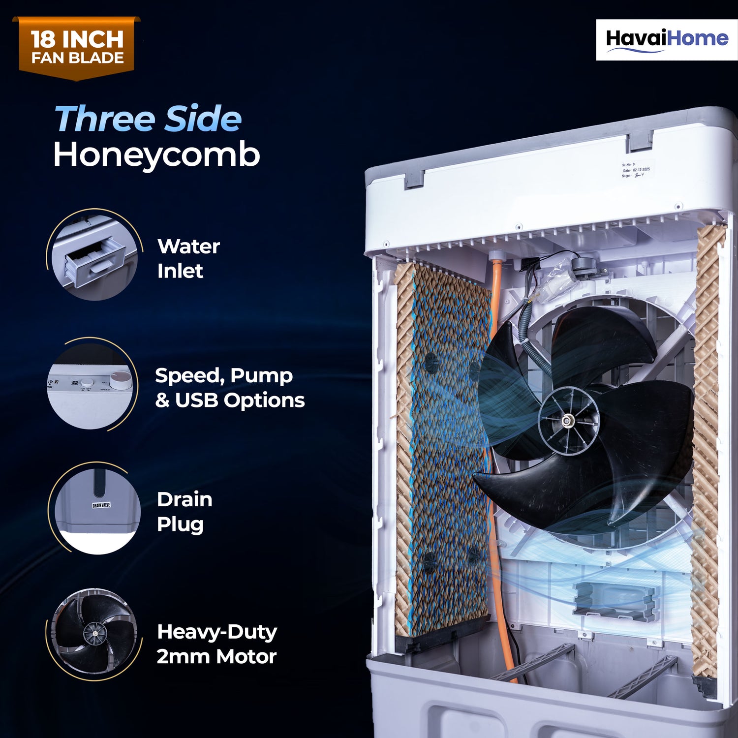 HAVAI Thunder 18+ GT Desert Cooler | 18” Aluminium Blade | 100L Tank | 3-Side Honeycomb Pads | 20 Ft Air Throw | Heavy-Duty 110mm Motor | Auto Swing | White &amp; Grey
