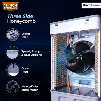 HAVAI Thunder 18+ GT Desert Cooler | 18” Aluminium Blade | 100L Tank | 3-Side Honeycomb Pads | 20 Ft Air Throw | Heavy-Duty 110mm Motor | Auto Swing | White &amp; Grey