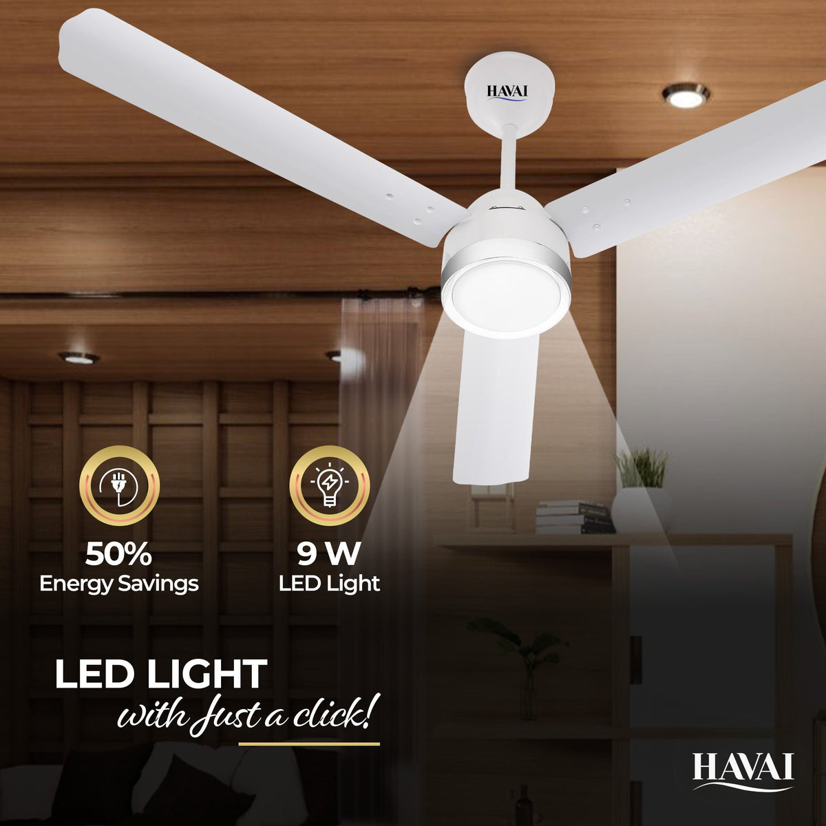 HAVAI Spinel BLDC Ceiling Fan with Decorative Ring | 1200mm, 3 Blades, 27W | Remote Control &amp; 9W LED Light | 2 Years Warranty | Pearl White