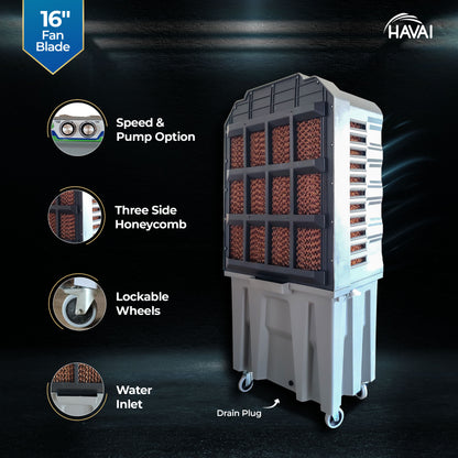HAVAI Cyclone 16 Inch Desert Air Cooler | 16&quot; Fan Blade | 100L Tank Capacity | 500 Sq. Ft. Coverage | Auto Swing | Three Side Honeycomb Pads | Grey