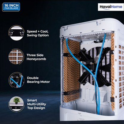 HAVAI Arizona 16 80L Desert Air Cooler with Ice Chamber | 16-Inch Aerodynamic Blade | 3-Side Thick Honeycomb Pads | 5 Castors for Extra Stability | 3300 m³/hr Air Delivery | 20 Ft Air Throw | 1 Year On-Site Warranty
