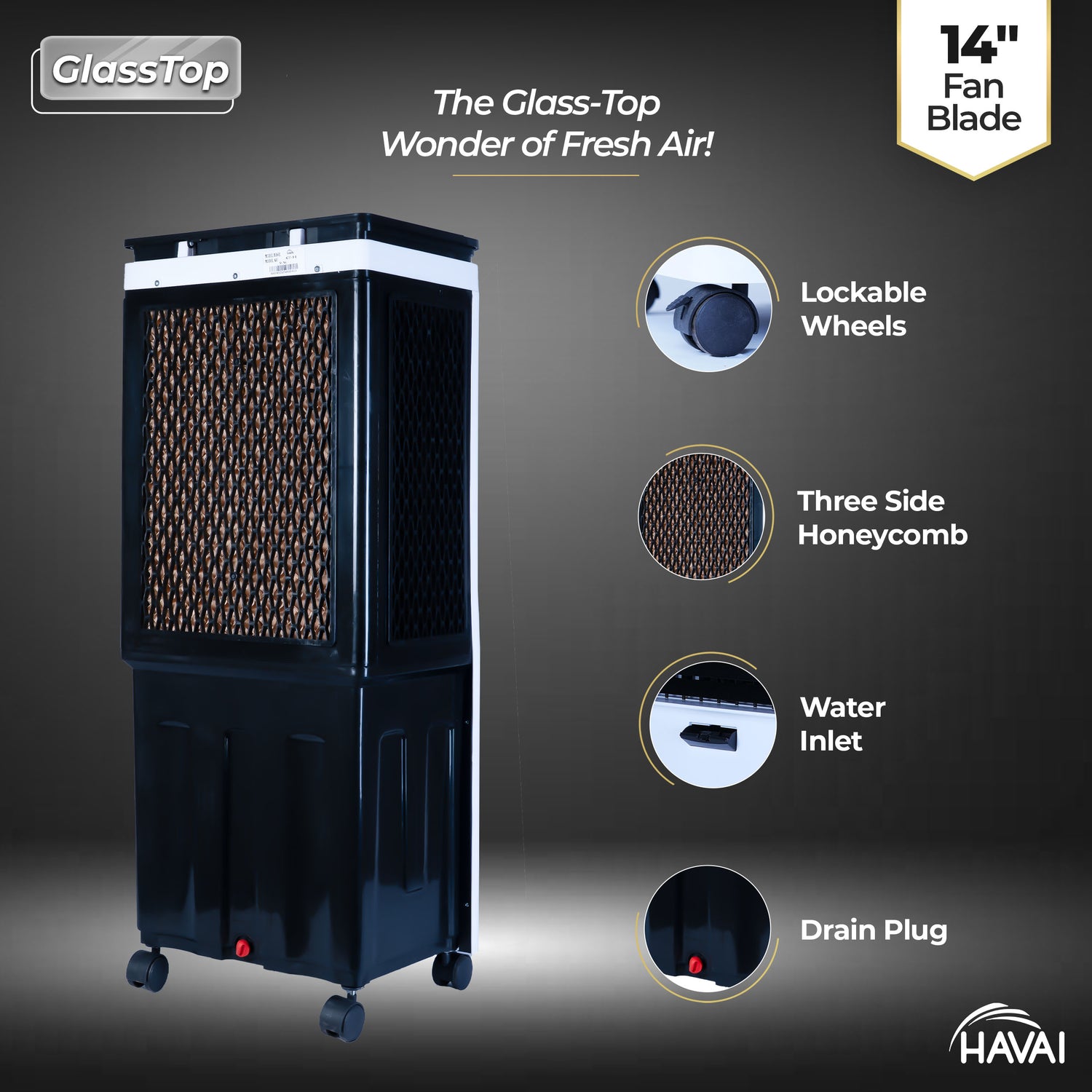HAVAI Premium Glass Top GT 14 Air Cooler | 60L Tank Capacity | 14&quot; Fan Blade | 170W Power | 20ft Air Throw | 3-Side Honeycomb Cooling | Sleek Glass Top Design | 4 Castor Wheels