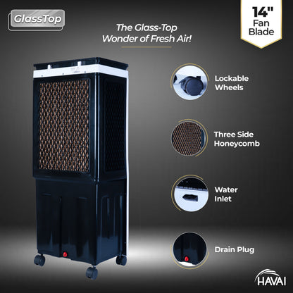 HAVAI Premium Glass Top GT 14 Air Cooler | 60L Tank Capacity | 14&quot; Fan Blade | 170W Power | 20ft Air Throw | 3-Side Honeycomb Cooling | Sleek Glass Top Design | 4 Castor Wheels