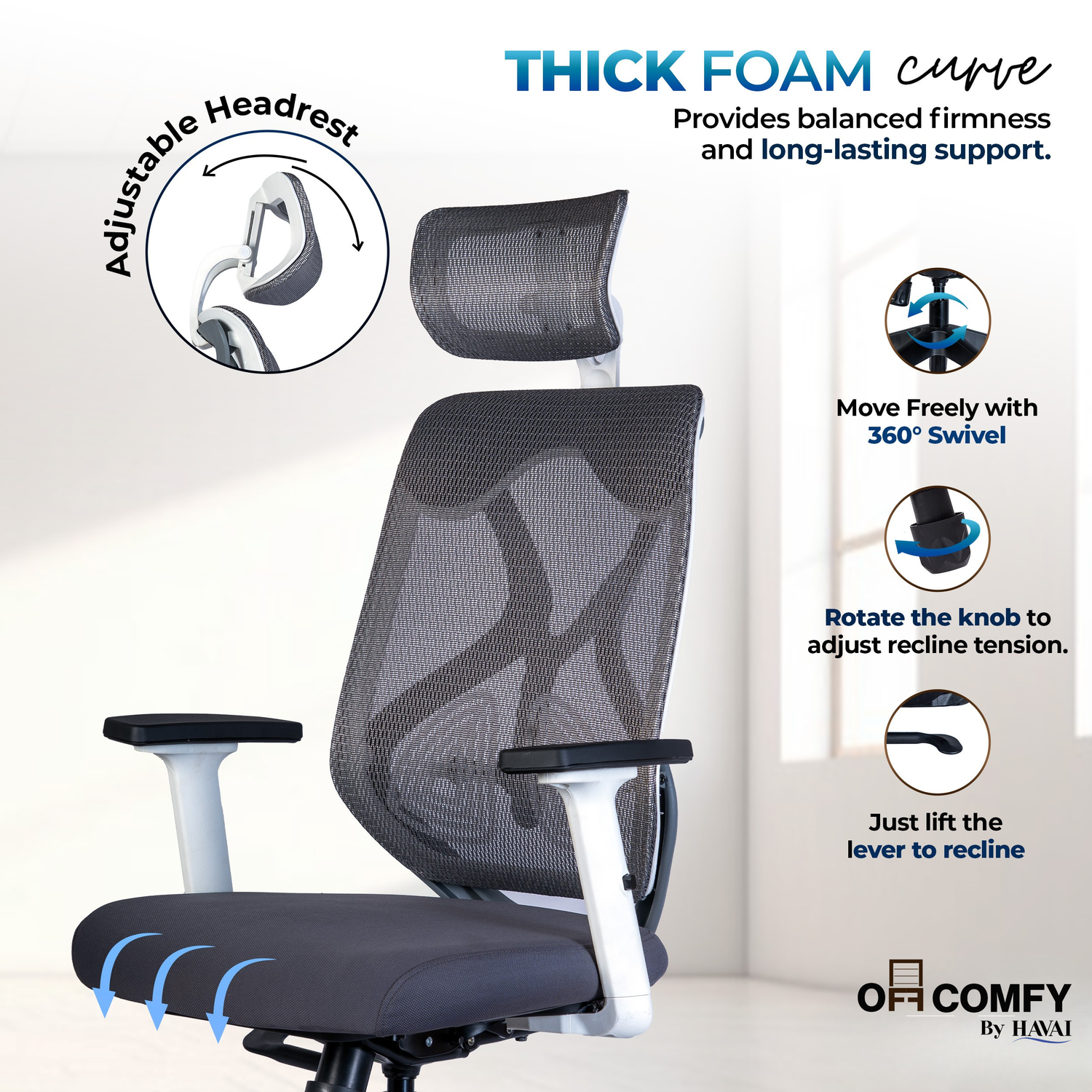 Off Comfy by HAVAI - Titan Pro Grey Chair |  Korean Mesh | Headrest | 2D Arms | Lumbar |  Seat Slider | Gaslift | Chrome Base | 60mm Castors