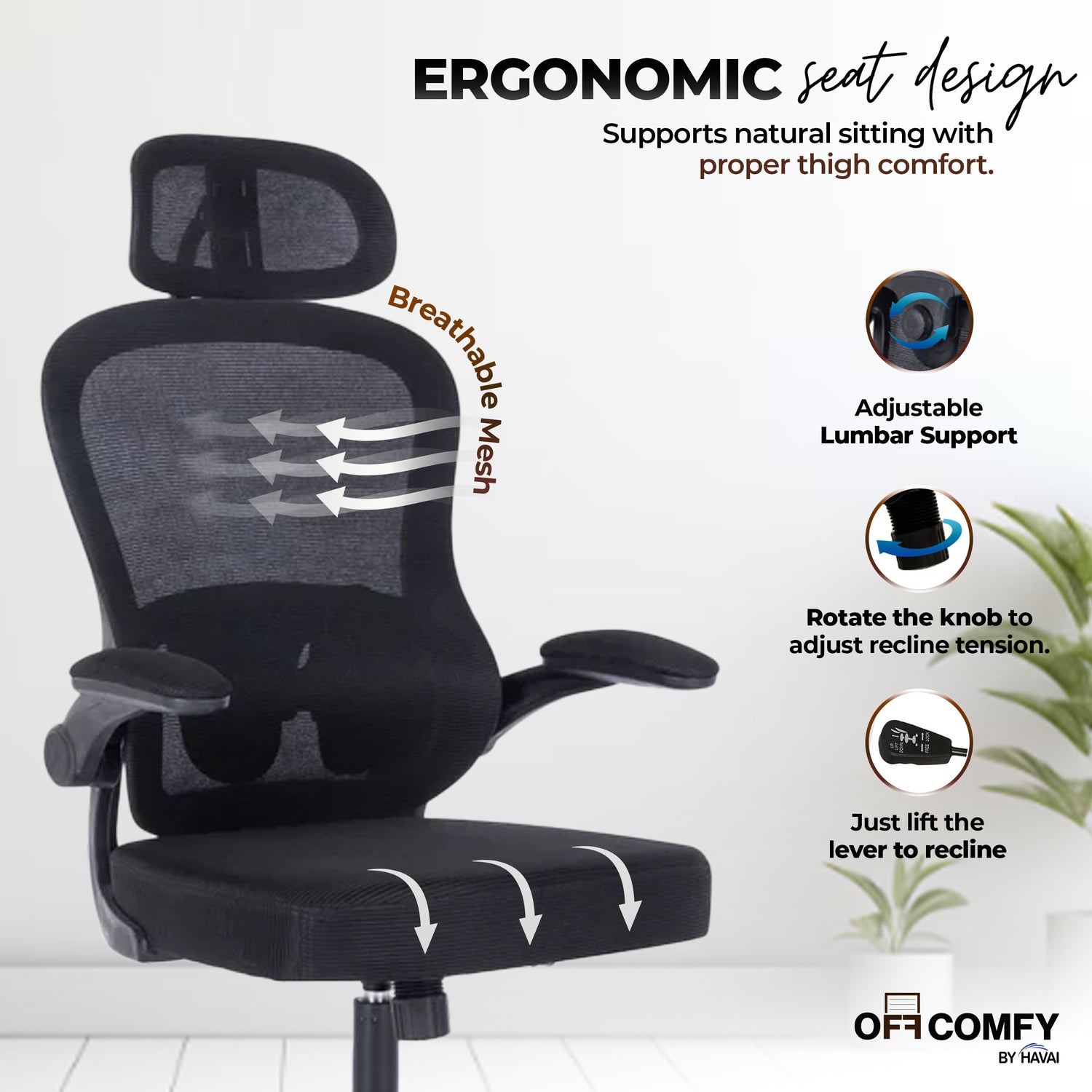 HAVAI LUMA BLACK Ergonomic Mesh Office Chair | Mid Back | Breathable Net Fabric | Reclining | Height Adjustable | Class 2 Gas Lift | Nylon Base | Smooth Wheels | WFH &amp; Office (BLACK)