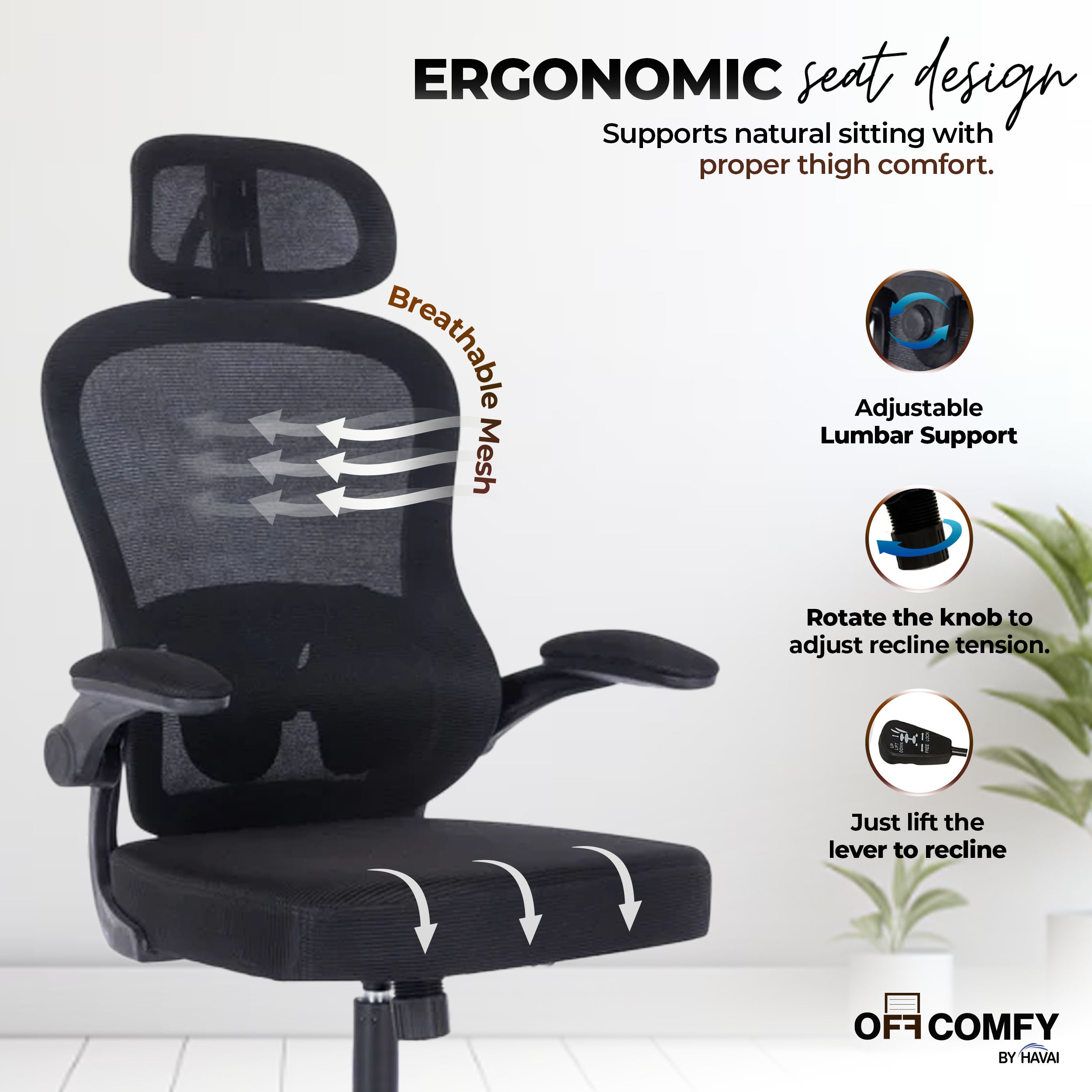 HAVAI LUMA BLACK Ergonomic Mesh Office Chair | Mid Back | Breathable Net Fabric | Reclining | Height Adjustable | Class 2 Gas Lift | Nylon Base | Smooth Wheels | WFH &amp; Office (BLACK)