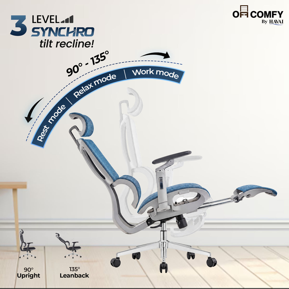 Havai Neo Pro Ergonomic Office Chair with Adjustable Lumbar &amp; Legrest | 3D Adjustable Armrests | Fully Cushioned Seat | Adjustable Headrest | Adjustable Backrest | Adjustable Lumbar Support | Reclining Function | Extendable Leg Rest | Ergonomic Design