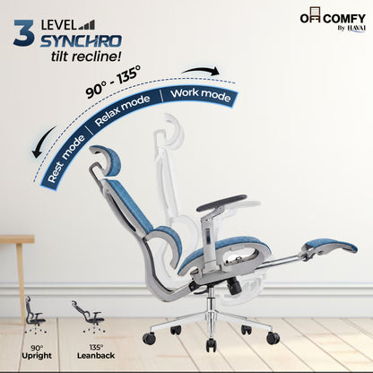 Havai Neo Pro Ergonomic Office Chair with Adjustable Lumbar &amp; Legrest | 3D Adjustable Armrests | Fully Cushioned Seat | Adjustable Headrest | Adjustable Backrest | Adjustable Lumbar Support | Reclining Function | Extendable Leg Rest | Ergonomic Design