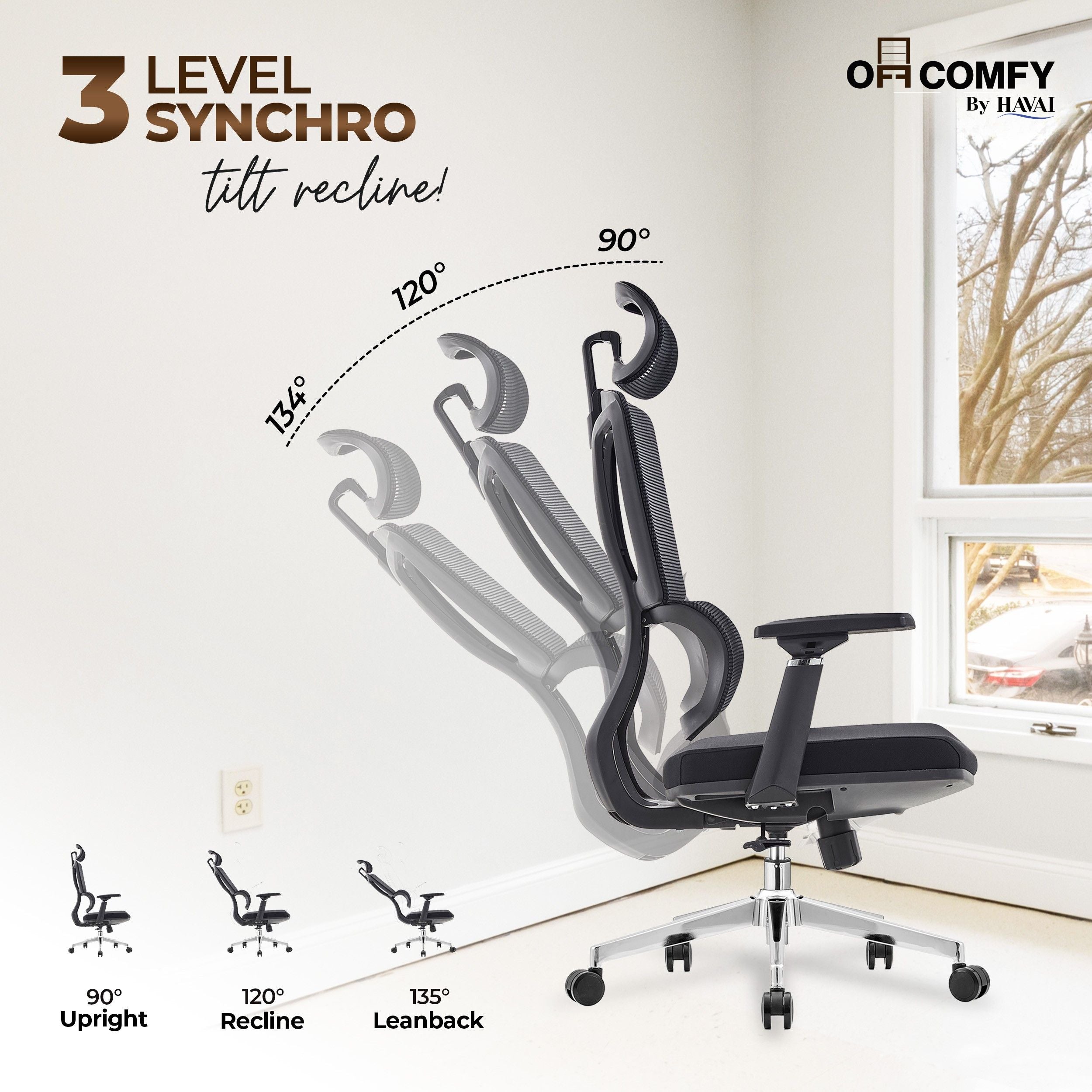 HAVAI Neo High Back Ergonomic Mesh Office Chair |  Multi-Lock Mechanism | Chrome Base | 3D Armrests with PU Pads  | Adjustable Headrest | Breathable Mesh Back (Black