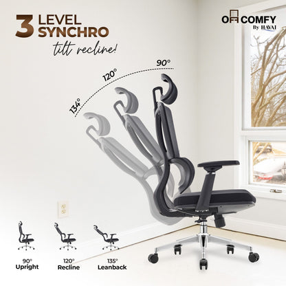 HAVAI Neo High Back Ergonomic Mesh Office Chair |  Multi-Lock Mechanism | Chrome Base | 3D Armrests with PU Pads  | Adjustable Headrest | Breathable Mesh Back (Black