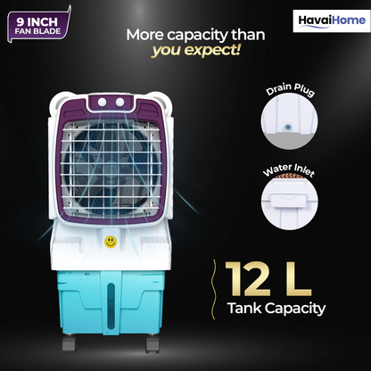 HAVAI Arizona 9 Mini Personal Air Cooler | India’s First 9-Inch Blade Cooler | 2600 RPM | 5 Ft Air Throw | 3-Side Honeycomb | 12L Tank | Motorised Louvers | 120W | Ideal for 50 Sq Ft