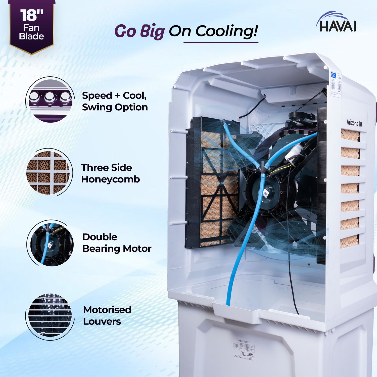 HAVAI Arizona 18 High Airflow Desert Cooler | 18” Metal Fan | 100L Tank | 3500 m³/hr Air Delivery | 30 ft Air Throw | 3-Side Thick Honeycomb Pads | Double Bearing Low-Noise Motor | Castor Wheels | 1-Year On-Site Warranty