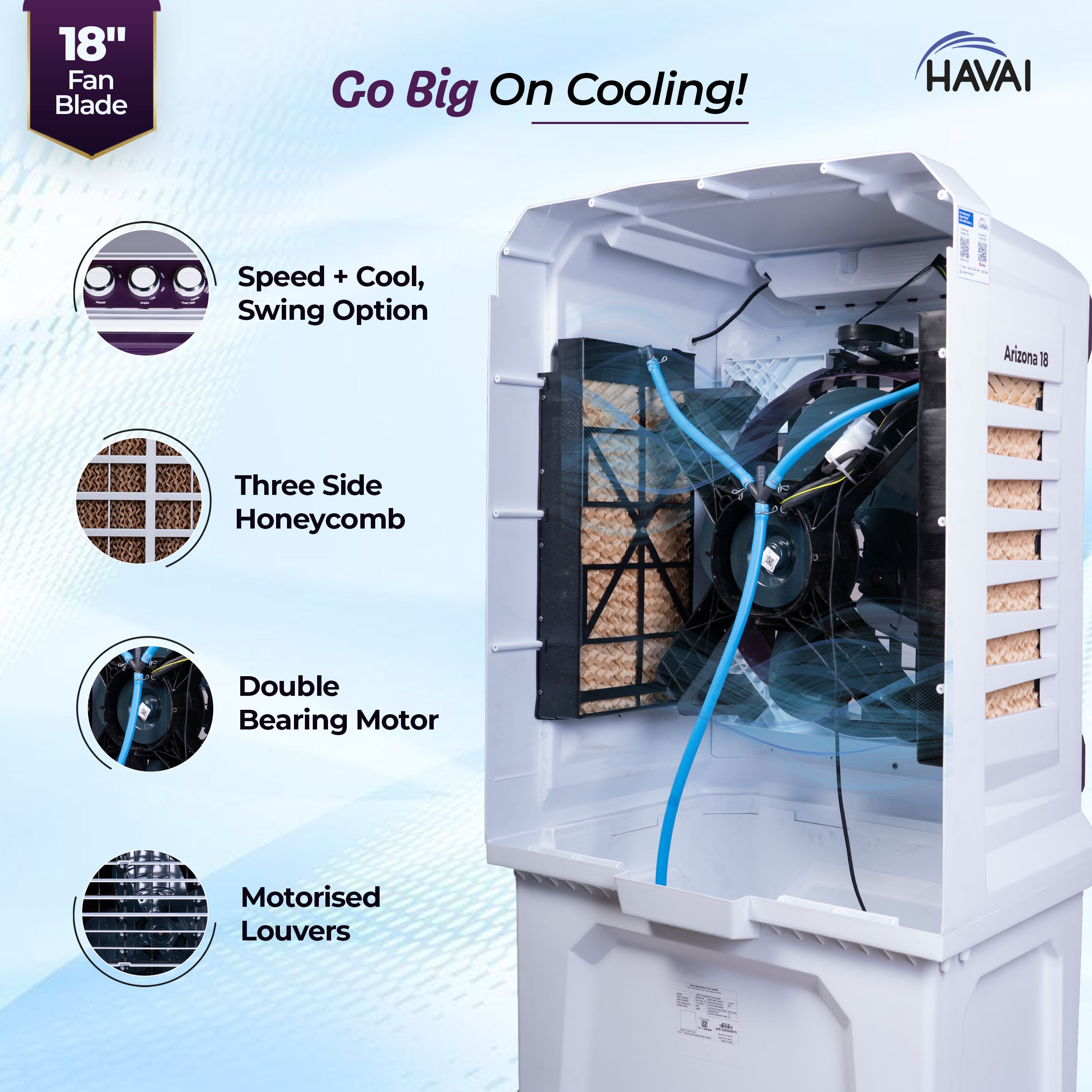 HAVAI Arizona 18 High Airflow Desert Cooler | 18” Metal Fan | 100L Tank | 3500 m³/hr Air Delivery | 30 ft Air Throw | 3-Side Thick Honeycomb Pads | Double Bearing Low-Noise Motor | Castor Wheels | 1-Year On-Site Warranty