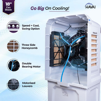 HAVAI Arizona 18 High Airflow Desert Cooler | 18” Metal Fan | 100L Tank | 3500 m³/hr Air Delivery | 30 ft Air Throw | 3-Side Thick Honeycomb Pads | Double Bearing Low-Noise Motor | Castor Wheels | 1-Year On-Site Warranty