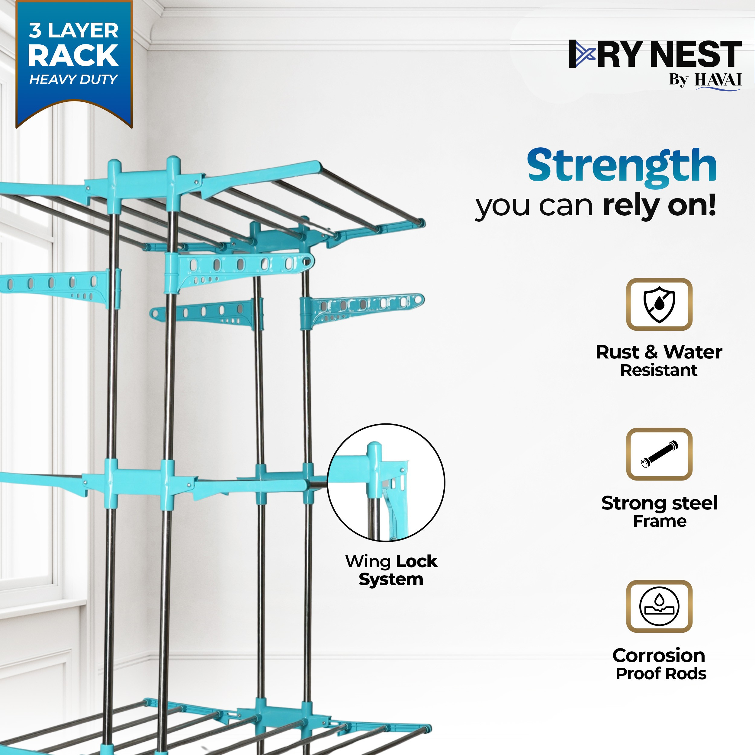 HAVAI DryNest 5.2 KG Premium Clothes Drying Stand with Wheels | Heavy-Duty Rust-Free Steel &amp; Strong Steel Rods | 3-Layer Foldable Jumbo Rack | Portable &amp; Balcony-Friendly
