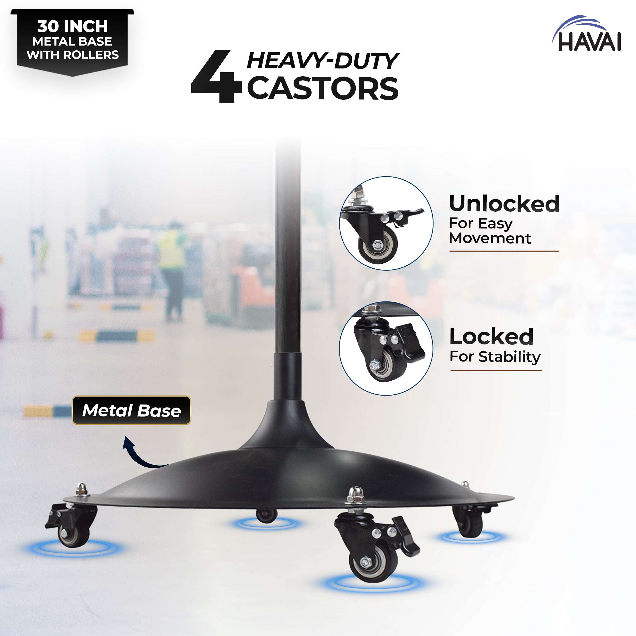 HAVAI 30-Inch Commercial BLDC Pedestal Fan (30–135W) | 2mm Aluminium Blades | Heavy-Duty Metal Base with 4 Lockable Industrial Wheels | High Air Delivery | Fingerproof Safety | 2-Year On-Site Warranty