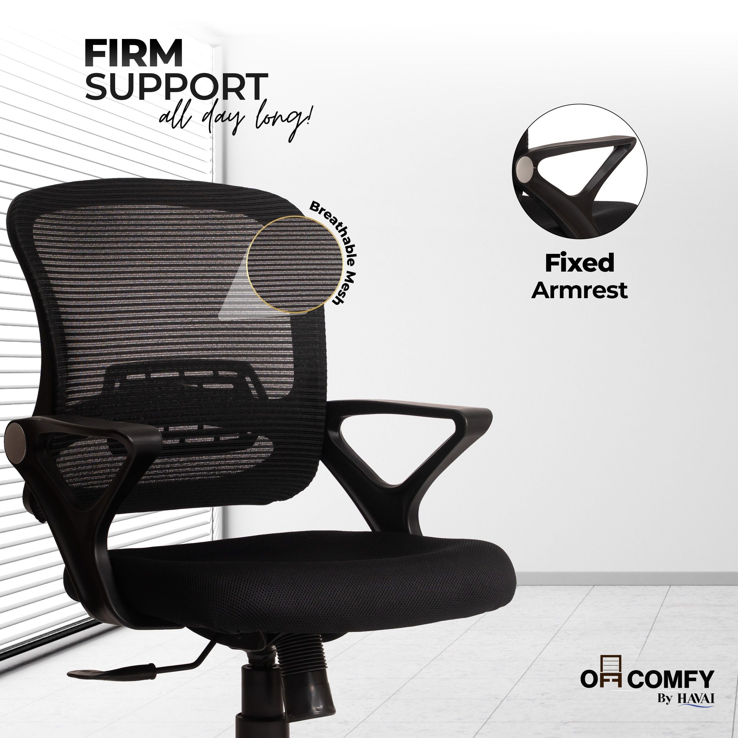 HAVAI Flame Back Low Back Ergonomic Mesh Office Chair |  Single Lock Tilt Mechanism | Mild Steel EPC Base |  Class 4 Gaslift | Fixed Armrests | 50mm Casters | Breathable Mesh Back