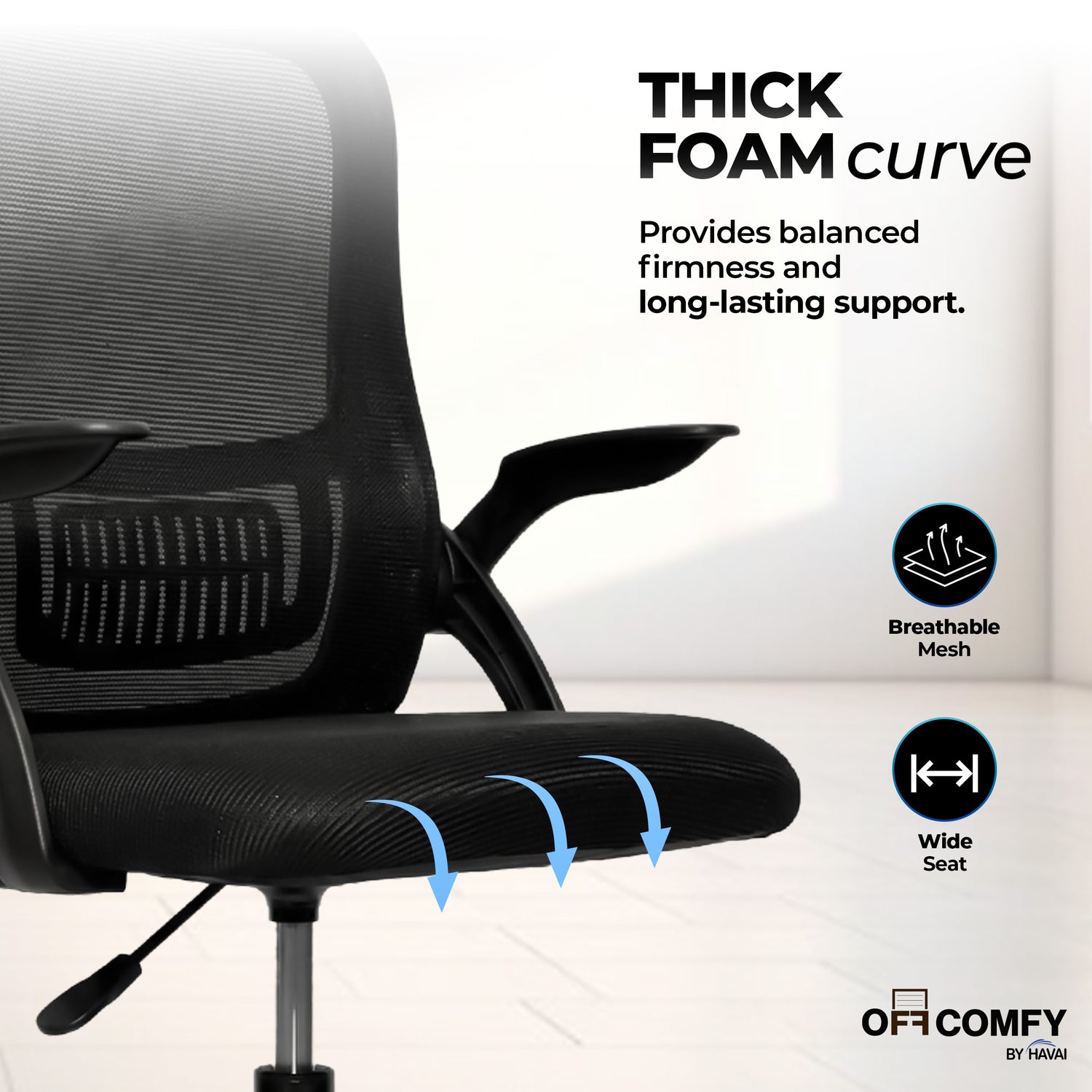 HAVAI Aero Black Ergonomic Office Chair | Premium Net Cloth Fabric | Reclining &amp; Folding Back | 60D Recycled Foam + 24D Virgin Cotton | Nylon Armrests | Class 2 Gas Lift | 310 Nylon Base | 2-Inch Smooth Wheels