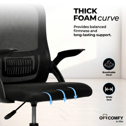 HAVAI Aero Black Ergonomic Office Chair | Premium Net Cloth Fabric | Reclining &amp; Folding Back | 60D Recycled Foam + 24D Virgin Cotton | Nylon Armrests | Class 2 Gas Lift | 310 Nylon Base | 2-Inch Smooth Wheels