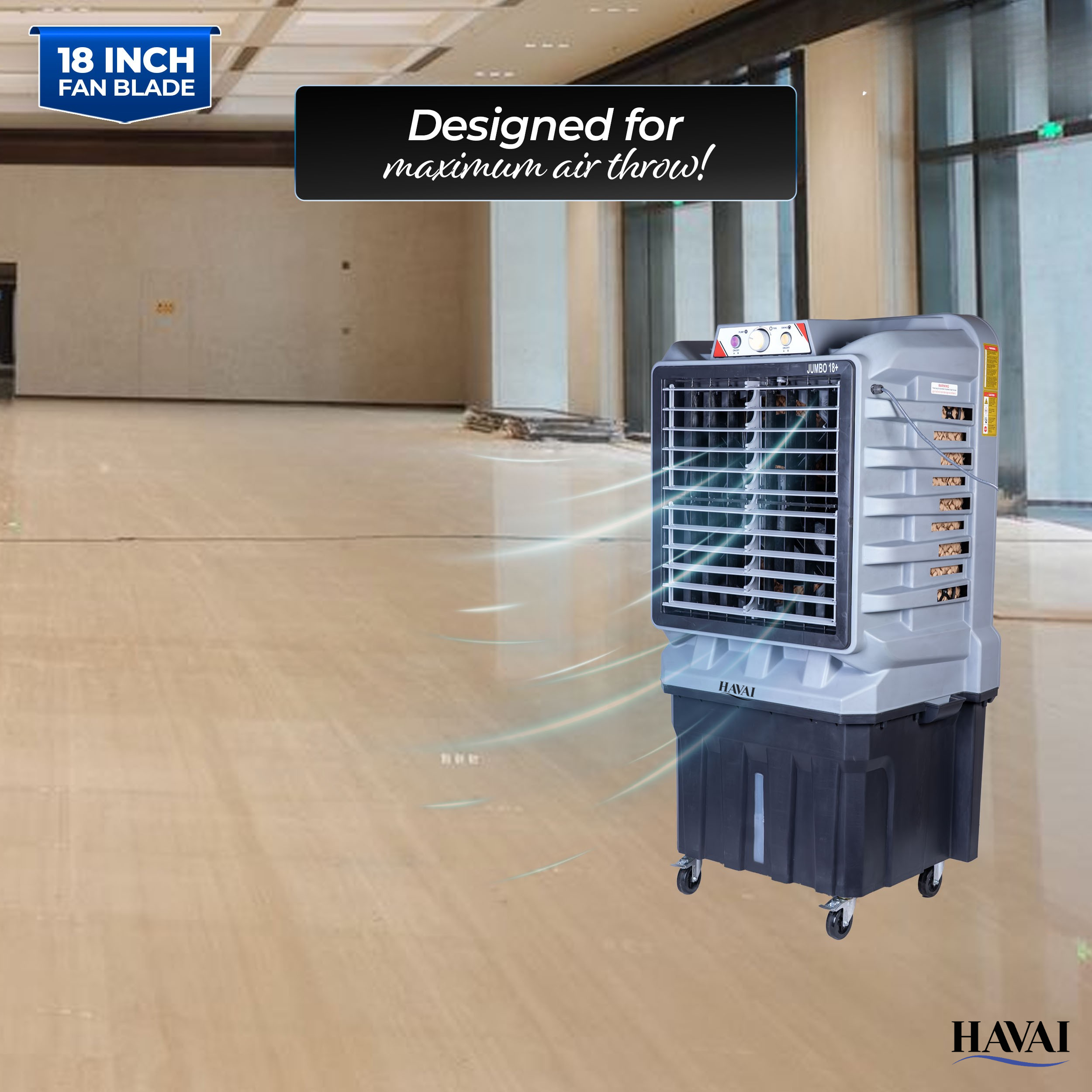 HAVAI Jumbo 18+ Massey Desert Cooler | 150L | 18-Inch Fan | Heavy-Duty 41mm Motor | 3-Side Honeycomb Pads | Auto Swing | Castor Wheels | 230V, 280W | White &amp; Grey