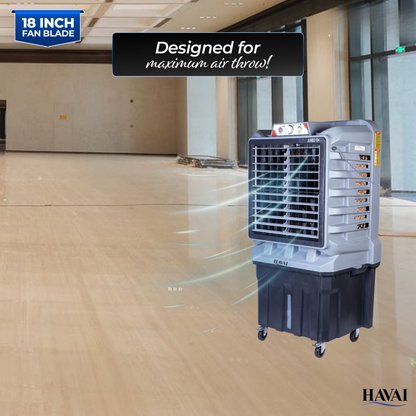 HAVAI Jumbo 18+ Massey Desert Cooler | 150L | 18-Inch Fan | Heavy-Duty 41mm Motor | 3-Side Honeycomb Pads | Auto Swing | Castor Wheels | 230V, 280W | White &amp; Grey