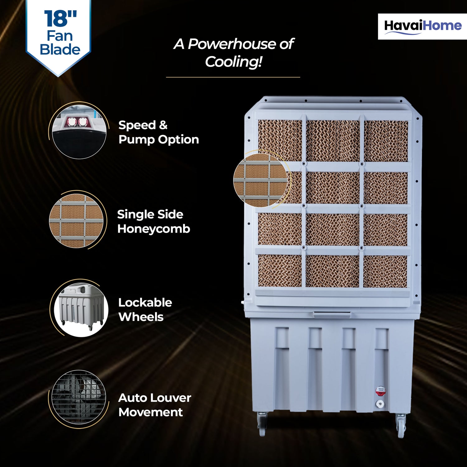 Mighty 18" Air Cooler | 18 Inch Blade | 110L Tank Capacity | 210W Power | 600 Sqft Coverage | Auto Swing | Back Honeycomb | Clockwise | Lockable Wheels