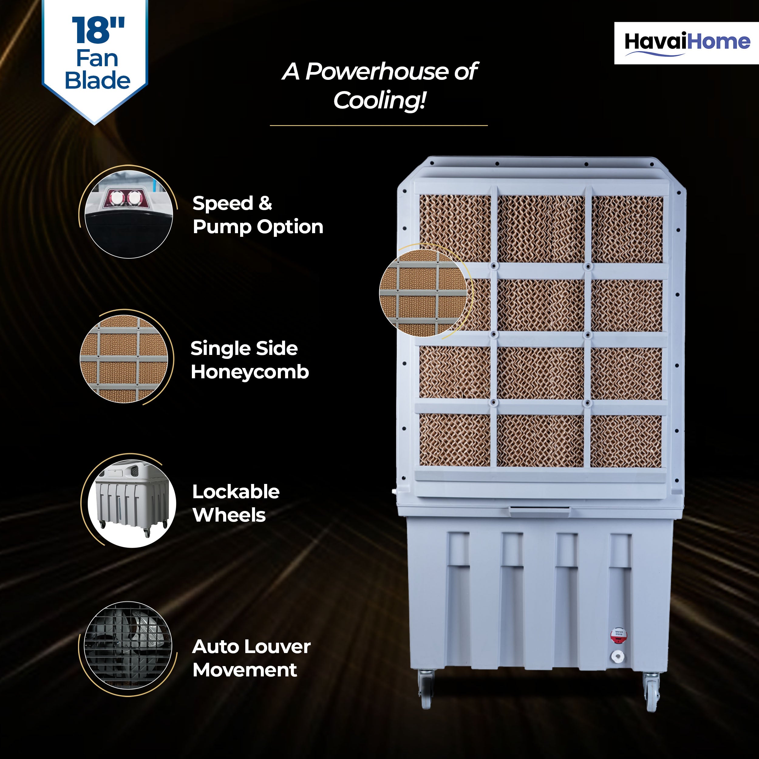 Mighty 18" Air Cooler | 18 Inch Blade | 110L Tank Capacity | 210W Power | 600 Sqft Coverage | Auto Swing | Back Honeycomb | Clockwise | Lockable Wheels