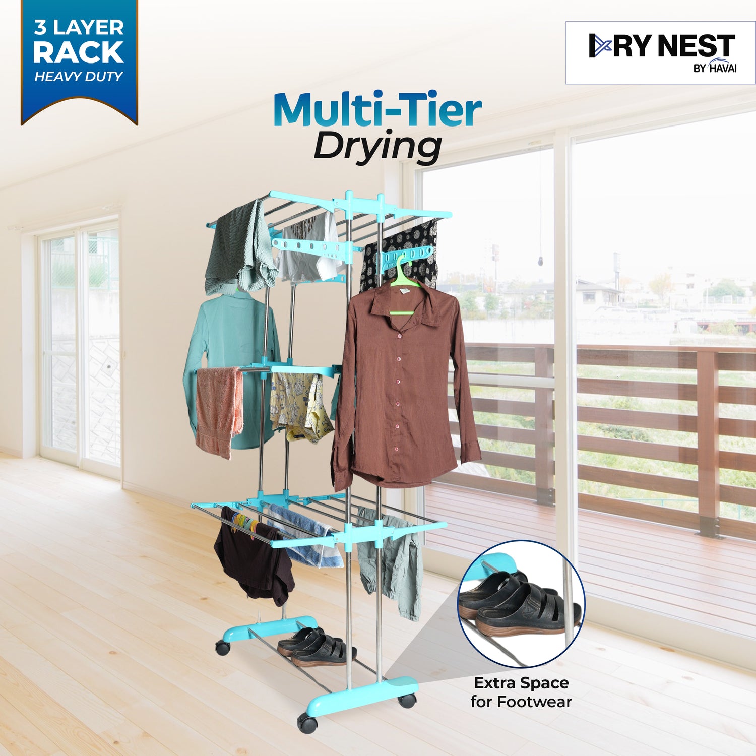 HAVAI DryNest 5.2 KG Premium Clothes Drying Stand with Wheels | Heavy-Duty Rust-Free Steel &amp; Strong Steel Rods | 3-Layer Foldable Jumbo Rack | Portable &amp; Balcony-Friendly
