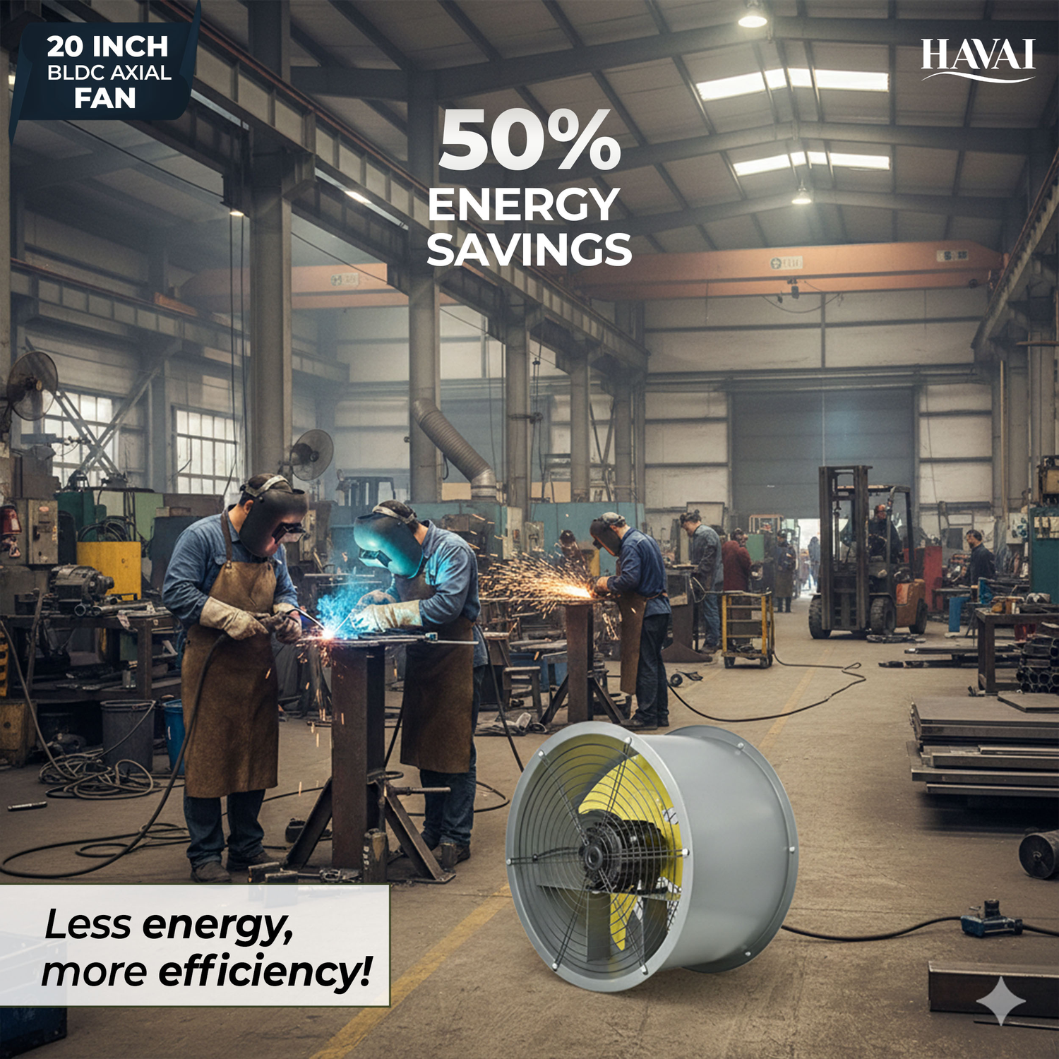 Havai 20-Inch Heavy Duty BLDC Axial Fan | Maintenance-Free BLDC Motor | 4-Leaf 2mm Aluminium Blades | 9-Speed Digital Controller | 600–13,000 m³/hr | 35W–350W | 2-Year Warranty