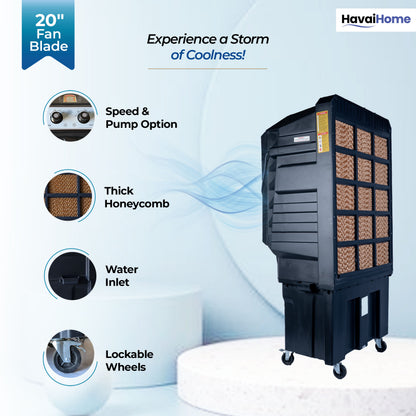 Thunder 20+ Desert Cooler |20 Inch Aluminum Blade |600 Feet Area Coverage|130 Litre Tank Capacity, Lockable Wheels, Auto Swing, Thick Dense Honeycomb, 1 Year Warranty|3 Speed Control