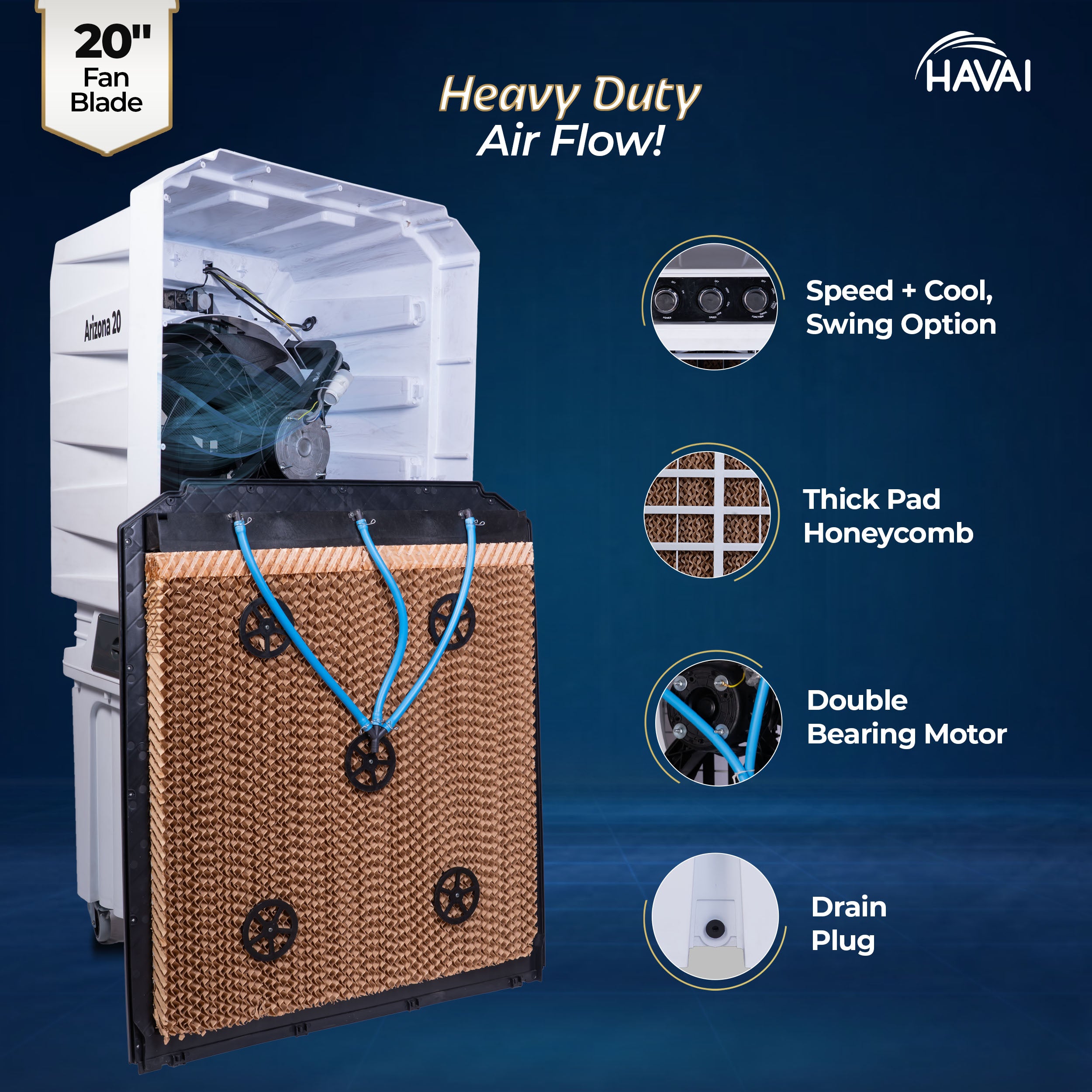 HAVAI Arizona 20 Desert Air Cooler | 120L Water Tank | 20-Inch Metal Blade | 4800 m³/hr Air Delivery | 35 Ft Air Throw | Double Bearing Low Noise Motor | Thick Honeycomb Pads | Covers up to 500 Sq Ft | 1 Year On-Site Warranty