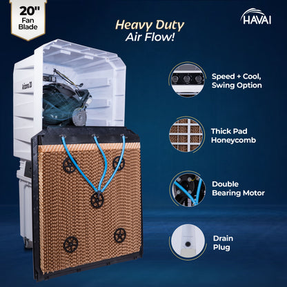 HAVAI Arizona 20 Desert Air Cooler | 120L Water Tank | 20-Inch Metal Blade | 4800 m³/hr Air Delivery | 35 Ft Air Throw | Double Bearing Low Noise Motor | Thick Honeycomb Pads | Covers up to 500 Sq Ft | 1 Year On-Site Warranty