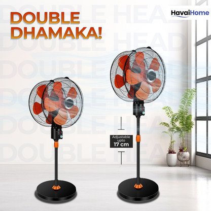 DOUBLE HEAD 360 DEGREE FAN |18 INCH|REMOTE CONTROL, DOUBLE HEADED, 360 Degree Coverage, Pedestal | 1 Year Warranty | 3 SPEED CONTROL | ORANGE AND BLACK