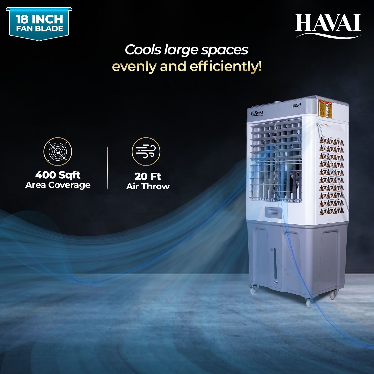 HAVAI Thunder 18 Desert Cooler | 18” Heavy-Duty Aluminium Fan Blade | 110 Dia 35mm Powerful Motor | Auto Swing | 3-Side Honeycomb Pads | 20 Ft Air Throw | 100L Tank | 1-Year Motor Warranty + Post-Warranty Support | White &amp; Grey