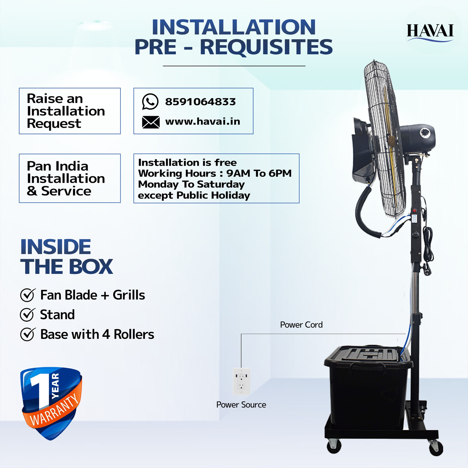 Havai 30" BLDC Mist Fan – Adjustable Height 4.5–6.5 ft | 100–210W Copper Motor | 6–10m Spray | 41L Tank | 1200 sq ft Coverage | 4 Speeds | Aluminium Blade | Low Noise <60dB | Rollers for Portability