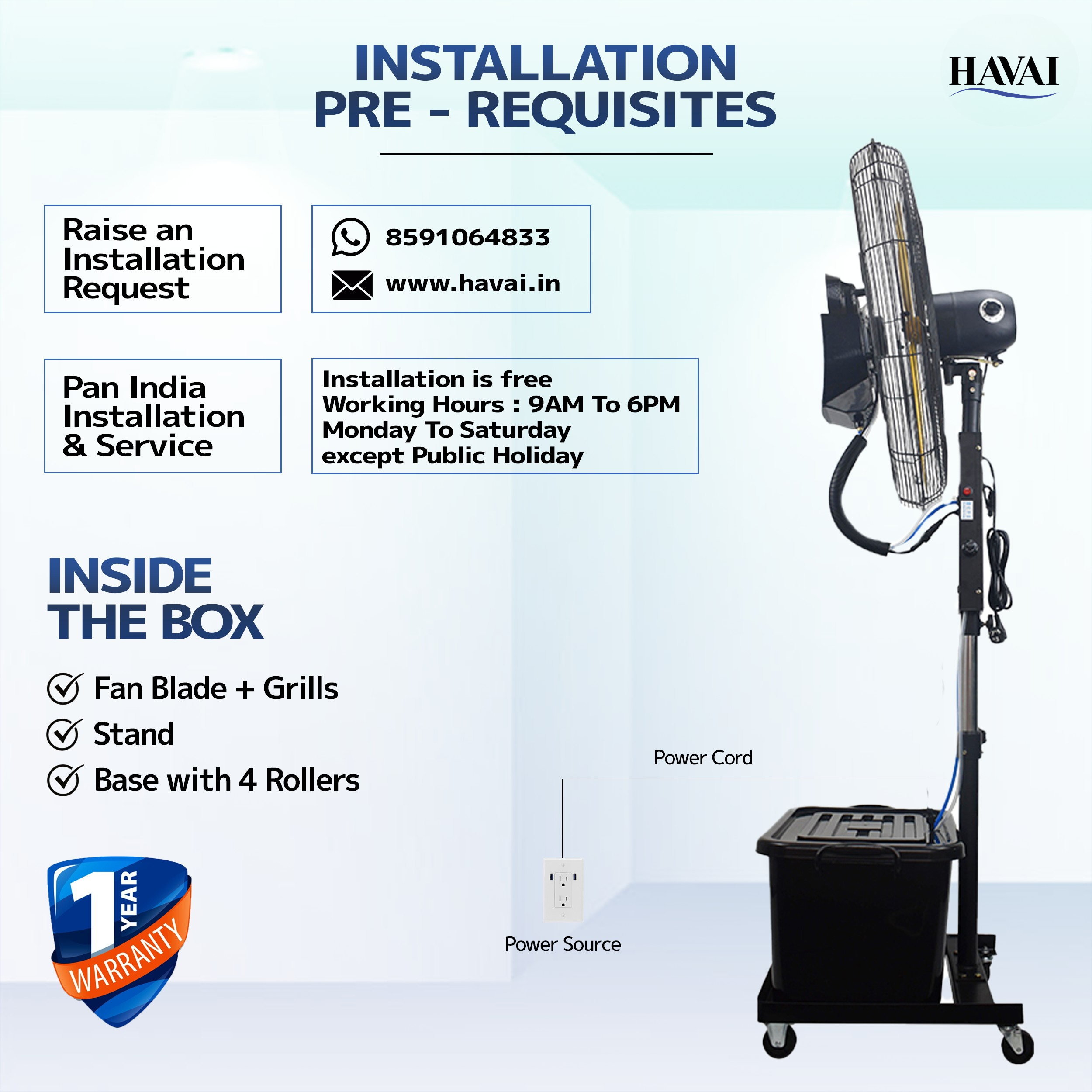 Havai 30" BLDC Mist Fan – Adjustable Height 4.5–6.5 ft | 100–210W Copper Motor | 6–10m Spray | 41L Tank | 1200 sq ft Coverage | 4 Speeds | Aluminium Blade | Low Noise <60dB | Rollers for Portability