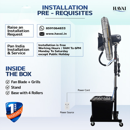 Havai 30" BLDC Mist Fan – Adjustable Height 4.5–6.5 ft | 100–210W Copper Motor | 6–10m Spray | 41L Tank | 1200 sq ft Coverage | 4 Speeds | Aluminium Blade | Low Noise <60dB | Rollers for Portability