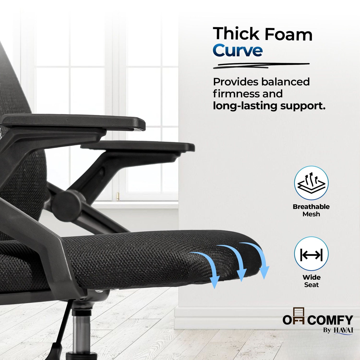 HAVAI Airon Ergonomic Office Chair with Mesh Back | Executive Computer Chair with Reclining &amp; Folding Function | Nylon Armrests | Class 2 Gas Lift | Plywood Base Support | Grey Seat | WFH &amp; Office Use | (Black)