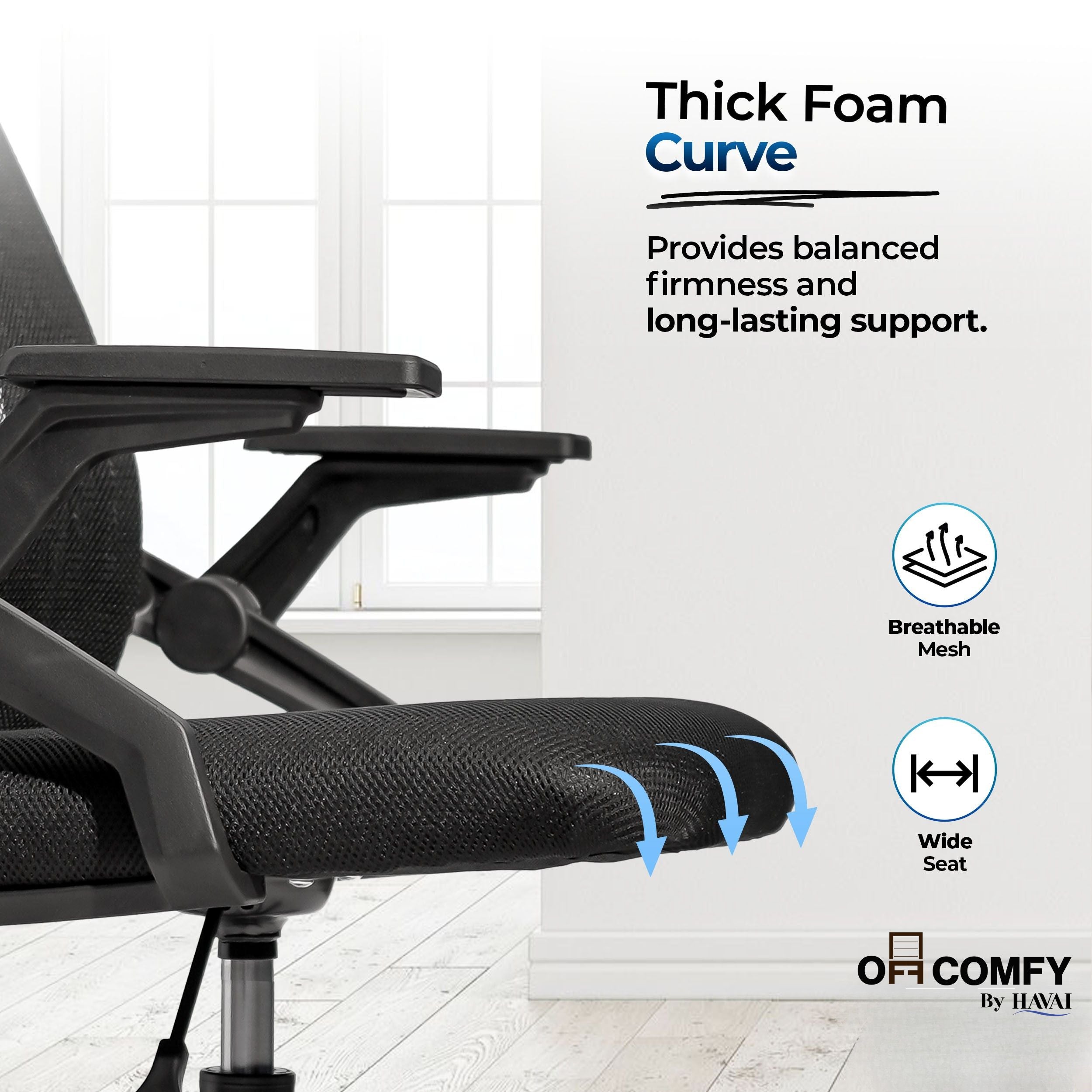 HAVAI Airon Ergonomic Office Chair with Mesh Back | Executive Computer Chair with Reclining &amp; Folding Function | Nylon Armrests | Class 2 Gas Lift | Plywood Base Support | Grey Seat | WFH &amp; Office Use | (Black)