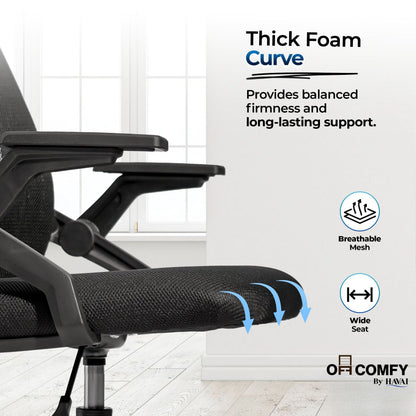 HAVAI Airon Ergonomic Office Chair with Mesh Back | Executive Computer Chair with Reclining &amp; Folding Function | Nylon Armrests | Class 2 Gas Lift | Plywood Base Support | Grey Seat | WFH &amp; Office Use | (Black)