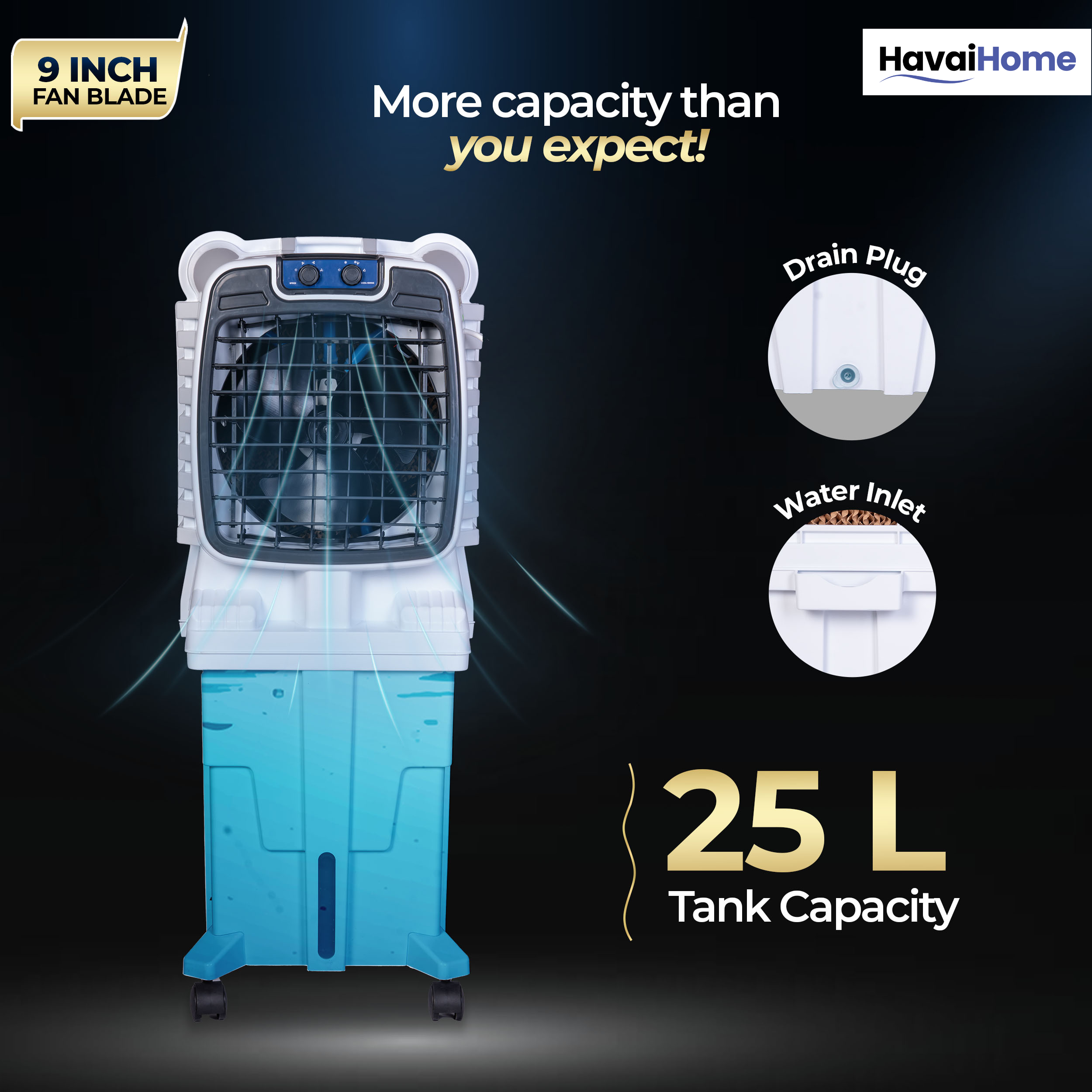 HAVAI Arizona 9 Personal Air Cooler | 9-Inch Blade | 25L Tank | 3-Side Honeycomb Pads | Motorised Louvers | White
